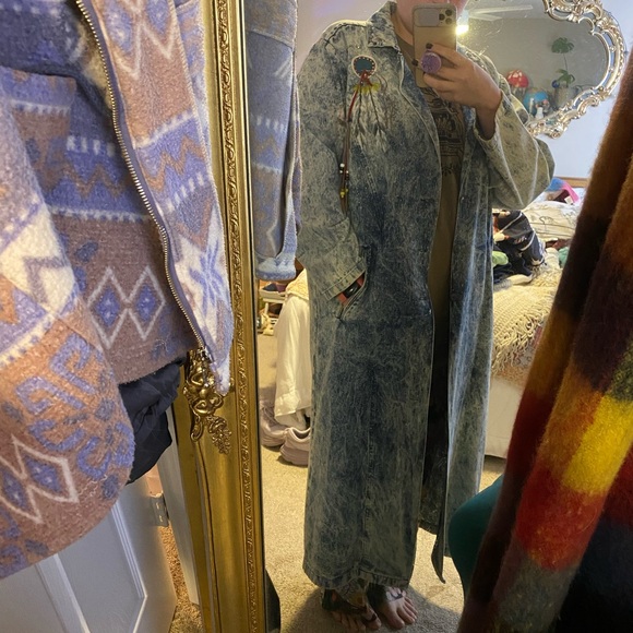Vintage Acid Washed Hand Painted Native American Denim Trench - Picture 8 of 11